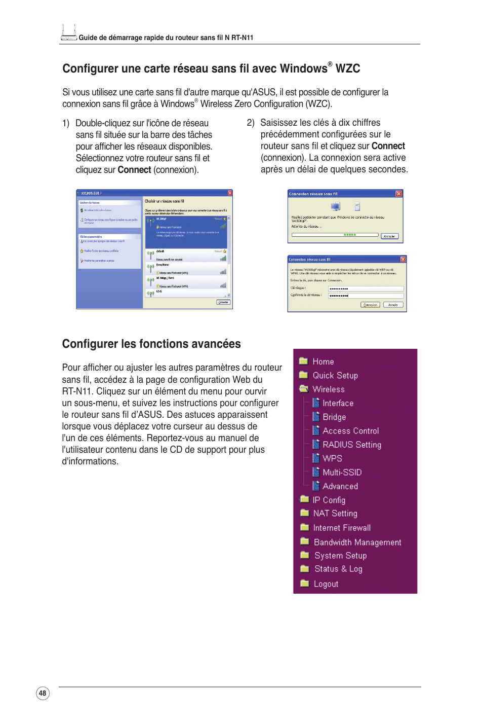 Configurer les fonctions avancées, Configurer une carte réseau sans fil avec windows | Asus RT-N11 User Manual | Page 49 / 109