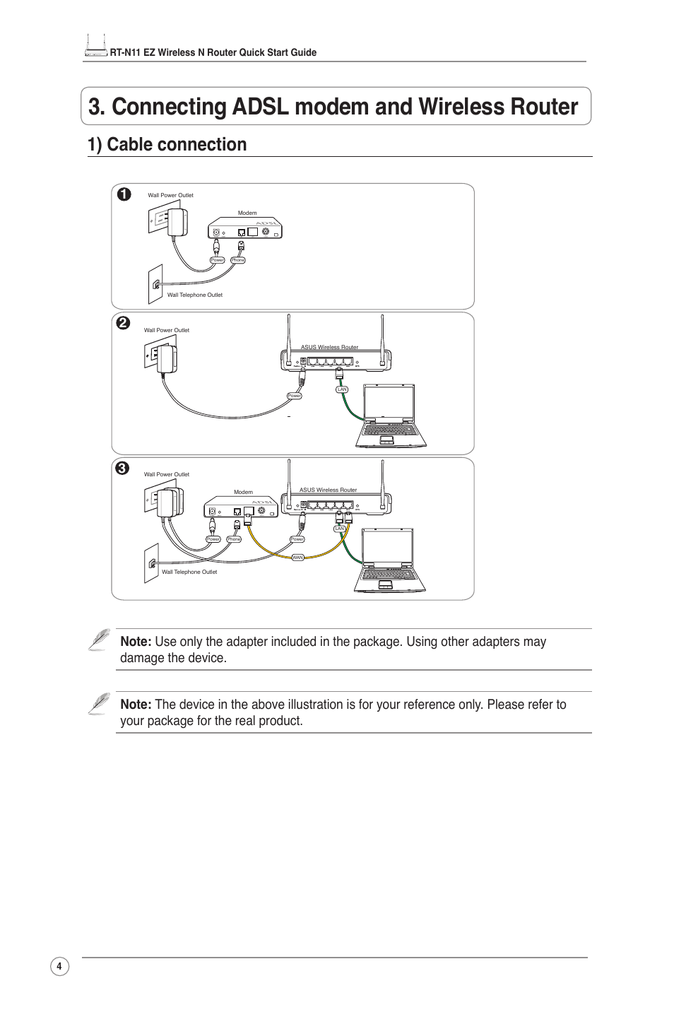 Connecting adsl modem and wireless router, 1) cable connection | Asus RT-N11 User Manual | Page 5 / 109