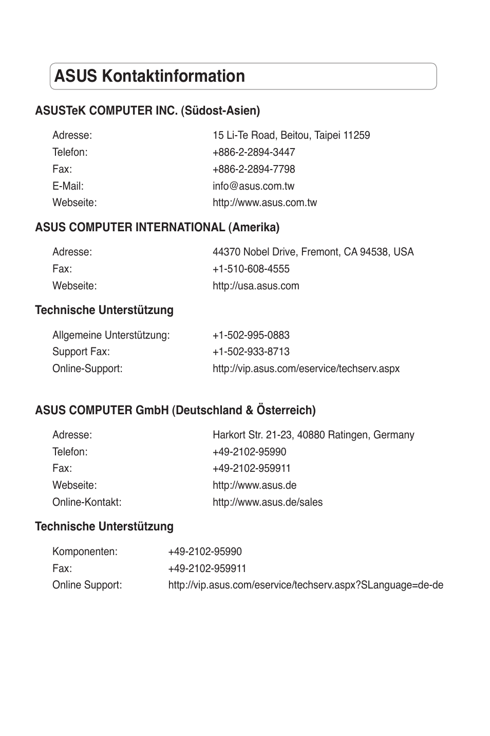 Asus kontaktinformation | Asus RT-N11 User Manual | Page 51 / 109