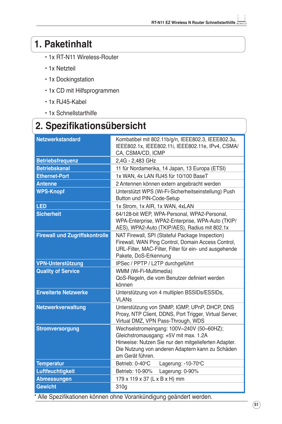 Paketinhalt, Spezifikationsübersicht | Asus RT-N11 User Manual | Page 52 / 109