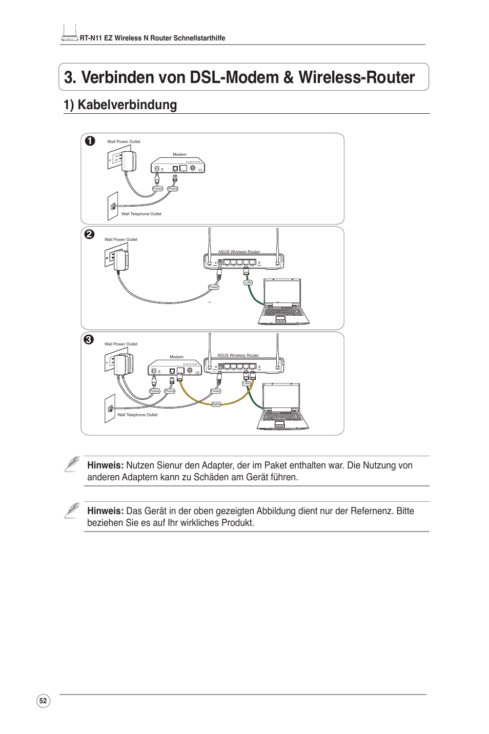 Verbinden von dsl-modem & wireless-router, 1) kabelverbindung | Asus RT-N11 User Manual | Page 53 / 109