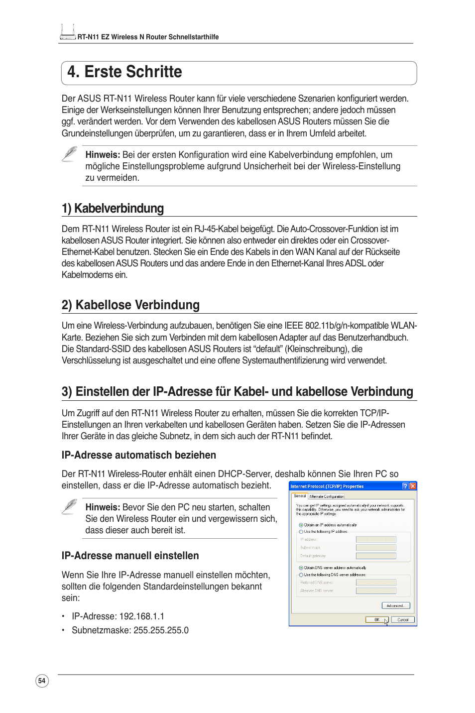 Erste schritte, 1) kabelverbindung, 2) kabellose verbindung | Asus RT-N11 User Manual | Page 55 / 109