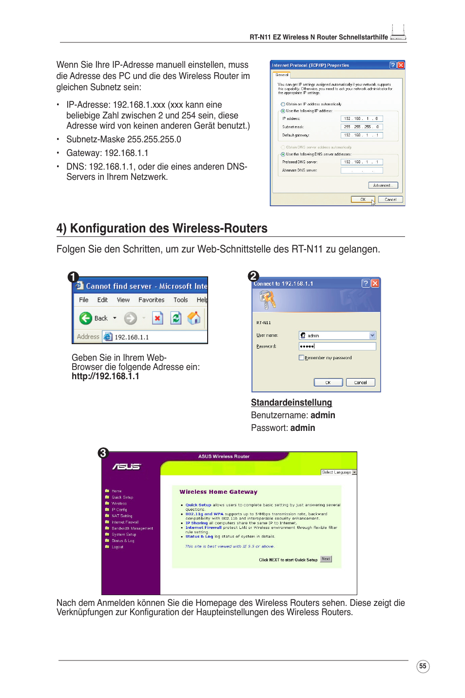 4) konfiguration des wireless-routers | Asus RT-N11 User Manual | Page 56 / 109