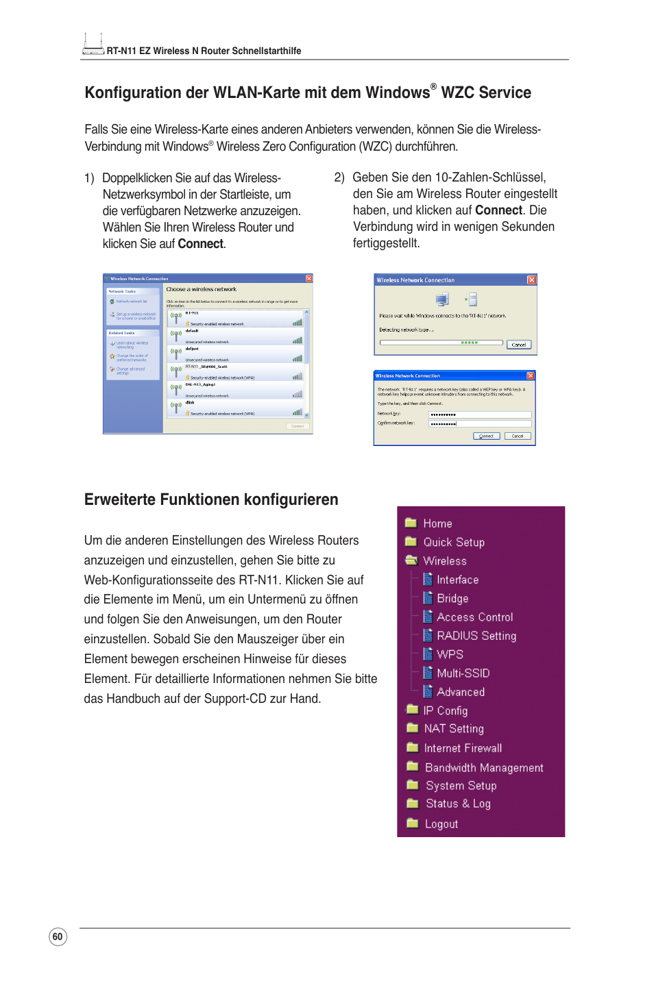 Erweiterte funktionen konfigurieren, Konfiguration der wlan-karte mit dem windows, Wzc service | Asus RT-N11 User Manual | Page 61 / 109