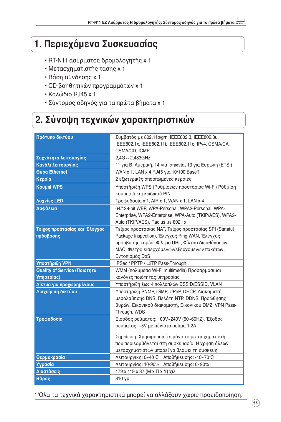 Περιεχόμενα συσκευασίας, Σύνοψη τεχνικών χαρακτηριστικών | Asus RT-N11 User Manual | Page 64 / 109
