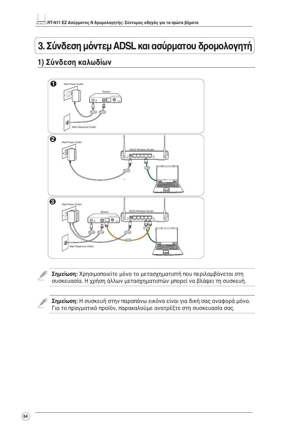 Σύνδεση μόντεμ adsl και ασύρματου δρομολογητή, 1) σύνδεση καλωδίων | Asus RT-N11 User Manual | Page 65 / 109