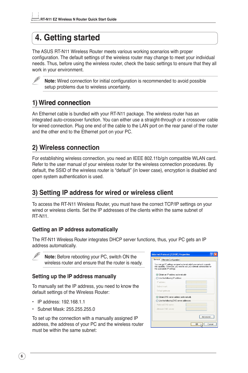 Getting started, 1) wired connection ired connection, 2) wireless connection | 3) setting ip address for wired or wireless client | Asus RT-N11 User Manual | Page 7 / 109