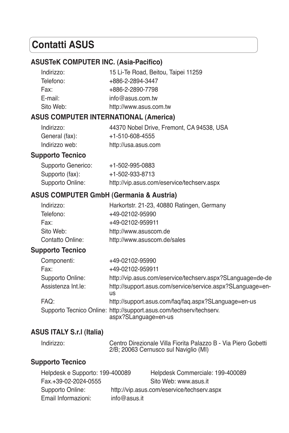 Contatti asus | Asus RT-N11 User Manual | Page 75 / 109