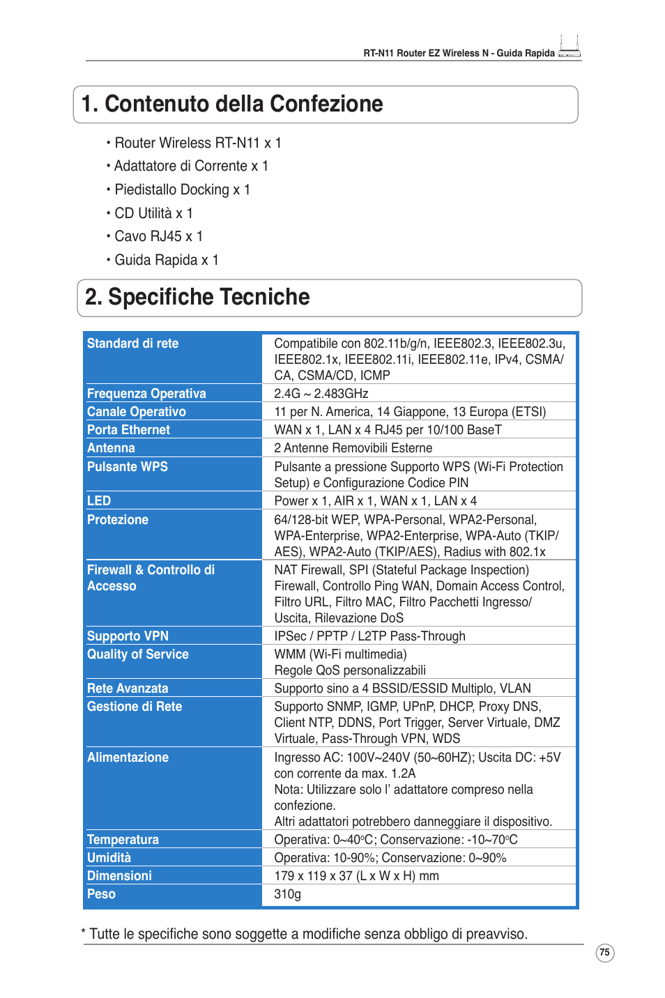 Contenuto della confezione, Specifiche tecniche | Asus RT-N11 User Manual | Page 76 / 109