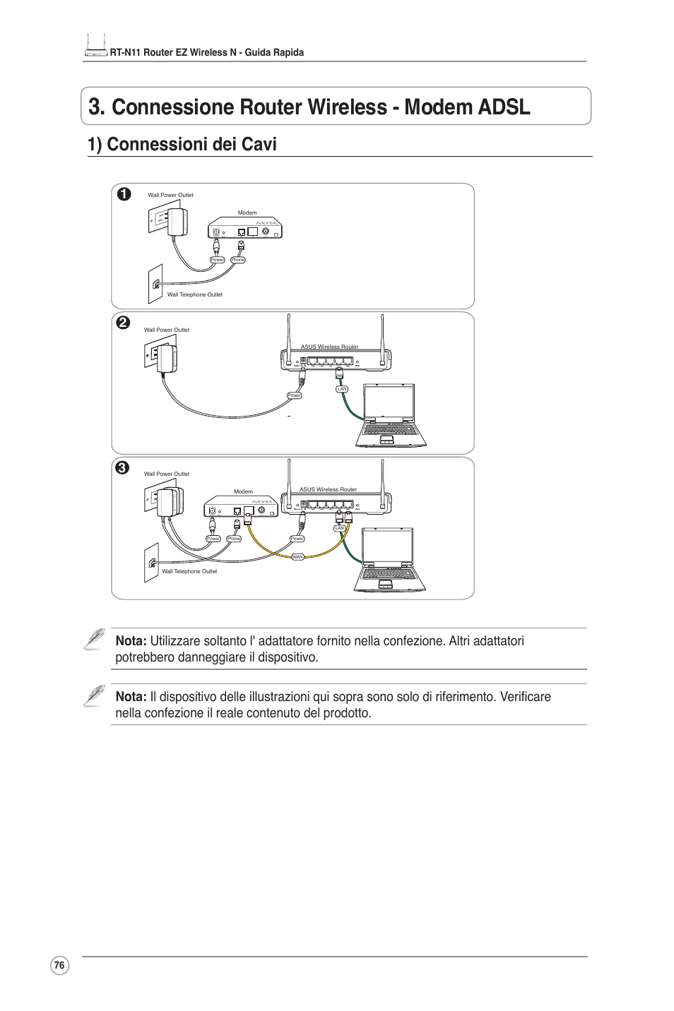 Connessione router wireless - modem adsl, 1) connessioni dei cavi | Asus RT-N11 User Manual | Page 77 / 109