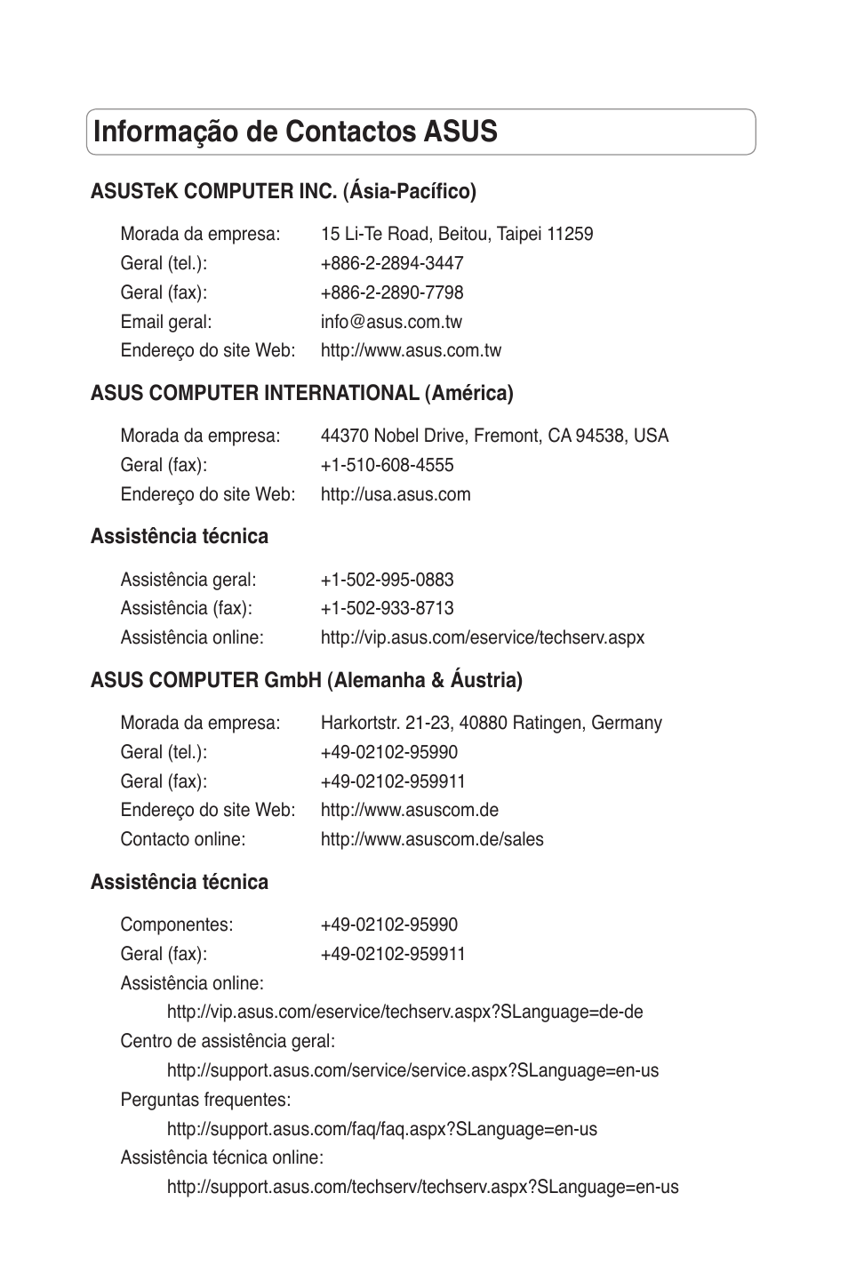 Informação de contactos asus | Asus RT-N11 User Manual | Page 87 / 109