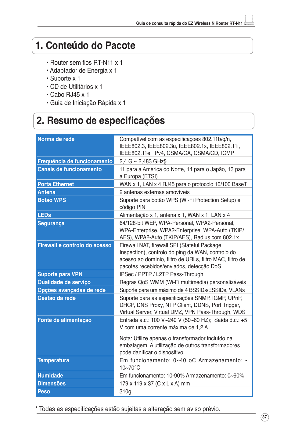 Conteúdo do pacote, Resumo de especificações | Asus RT-N11 User Manual | Page 88 / 109