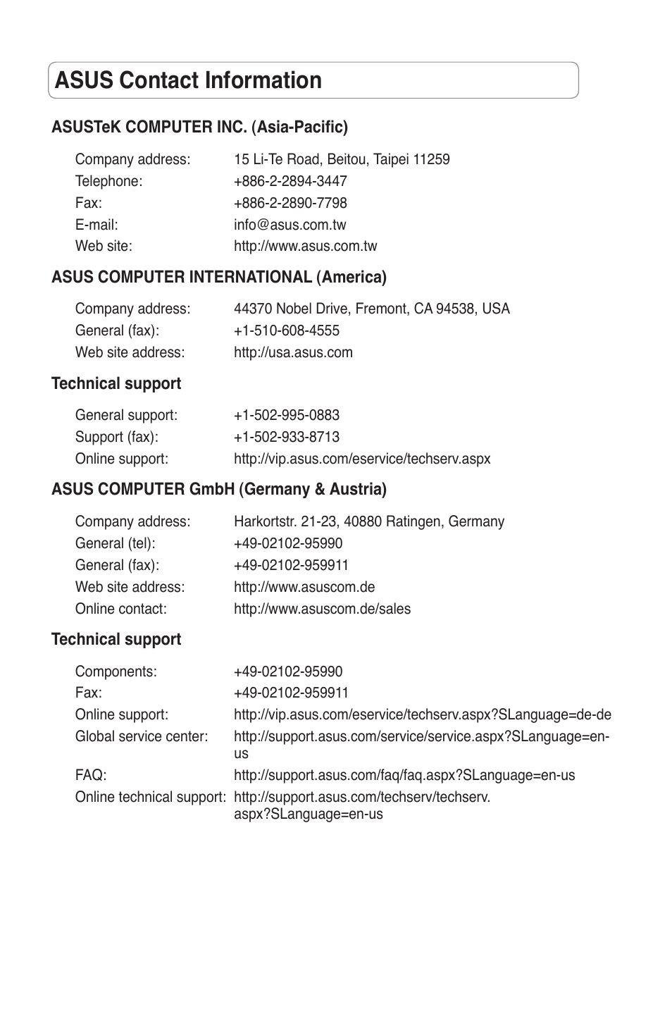 Asus contact information | Asus RT-N11 User Manual | Page 99 / 109