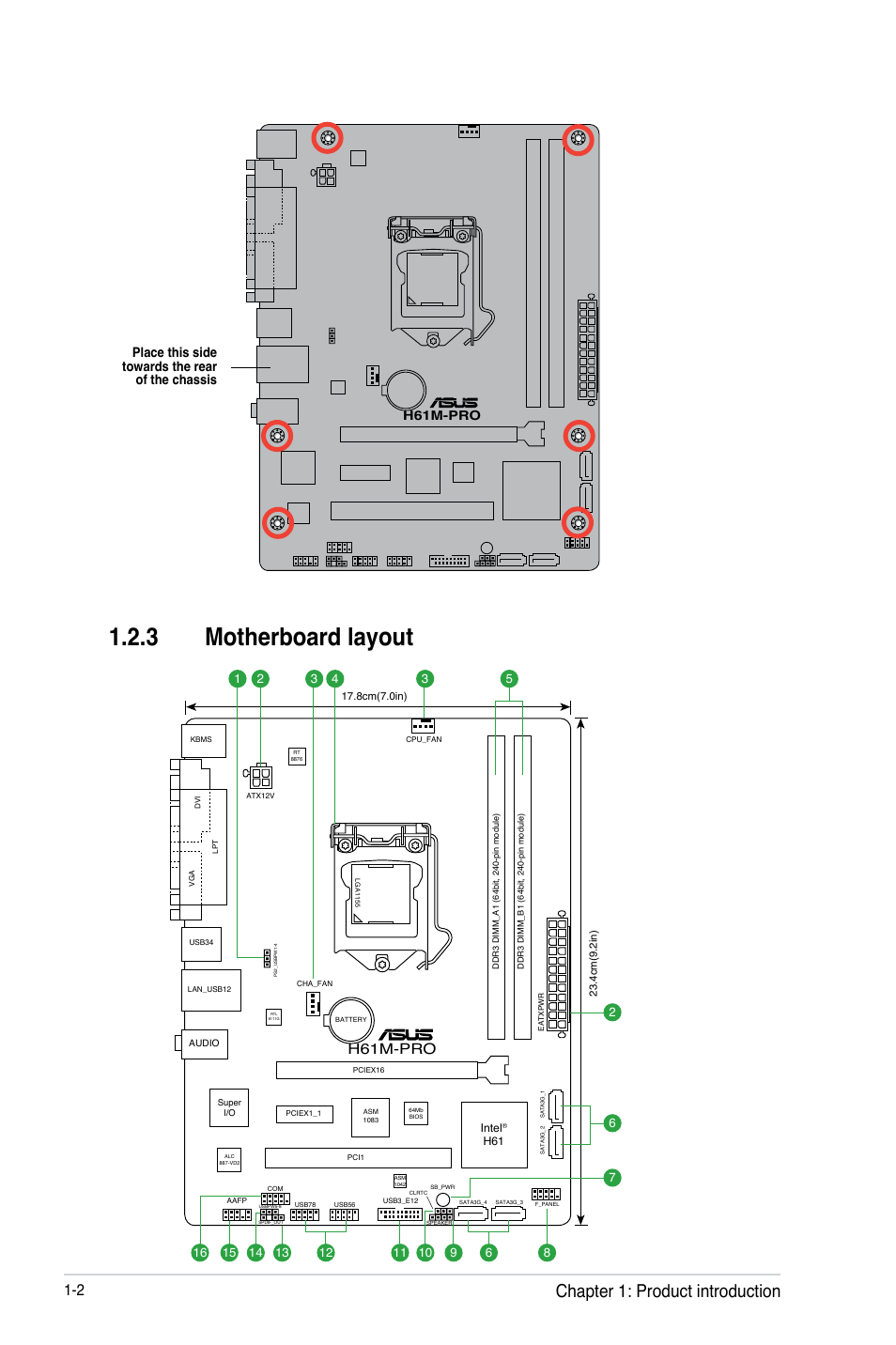 3 motherboard layout, Chapter 1: product introduction, Place this side towards the rear of the chassis | H61m-pro | Asus H61M-PRO User Manual | Page 10 / 64