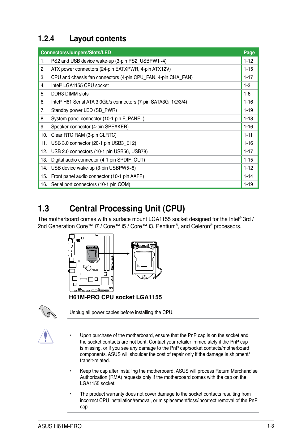 3 central processing unit (cpu), Central processing unit (cpu) -3, 4 layout contents | Asus H61M-PRO User Manual | Page 11 / 64