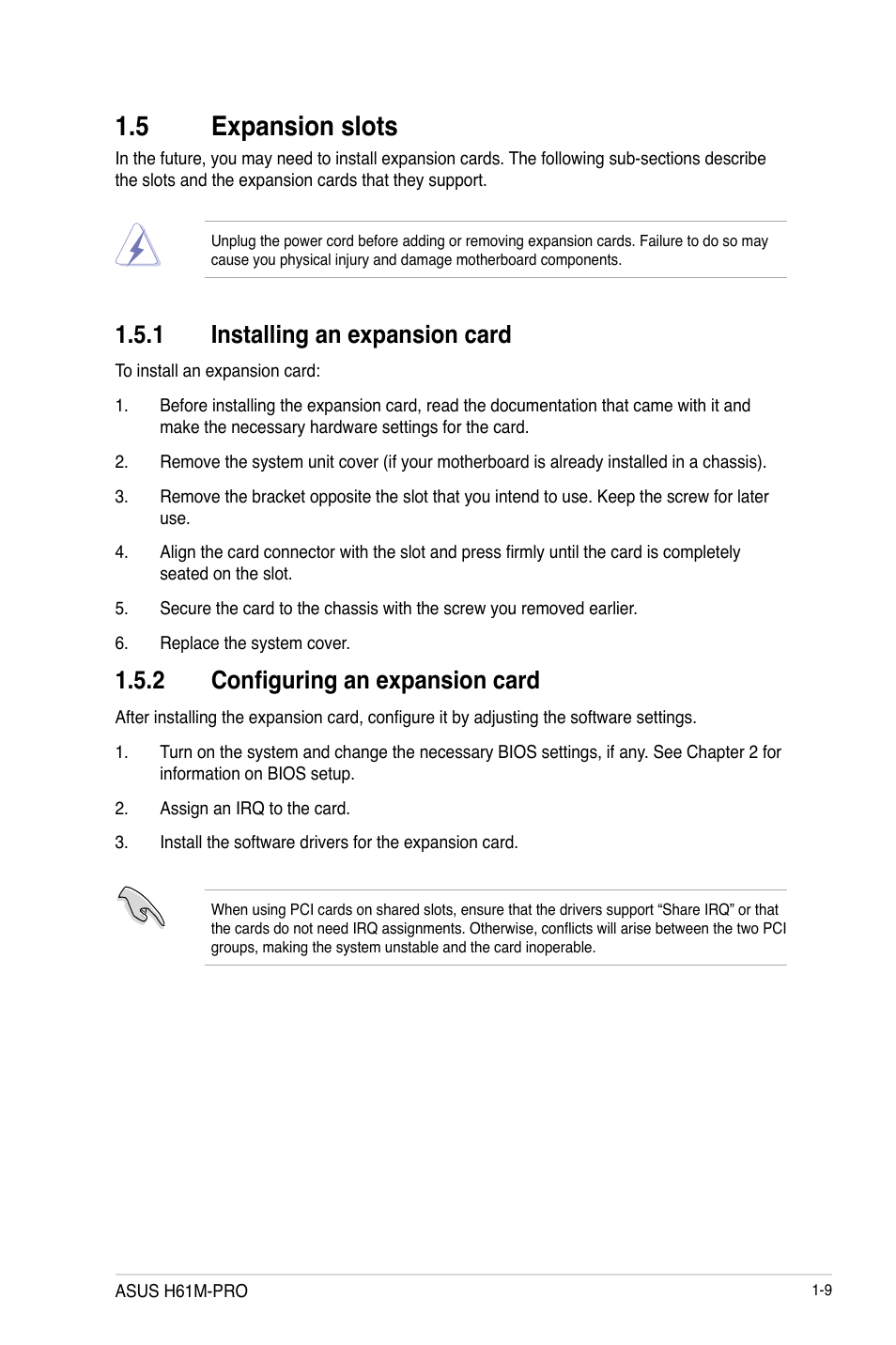 5 expansion slots, Expansion slots -9, 1 installing an expansion card | 2 configuring an expansion card | Asus H61M-PRO User Manual | Page 17 / 64