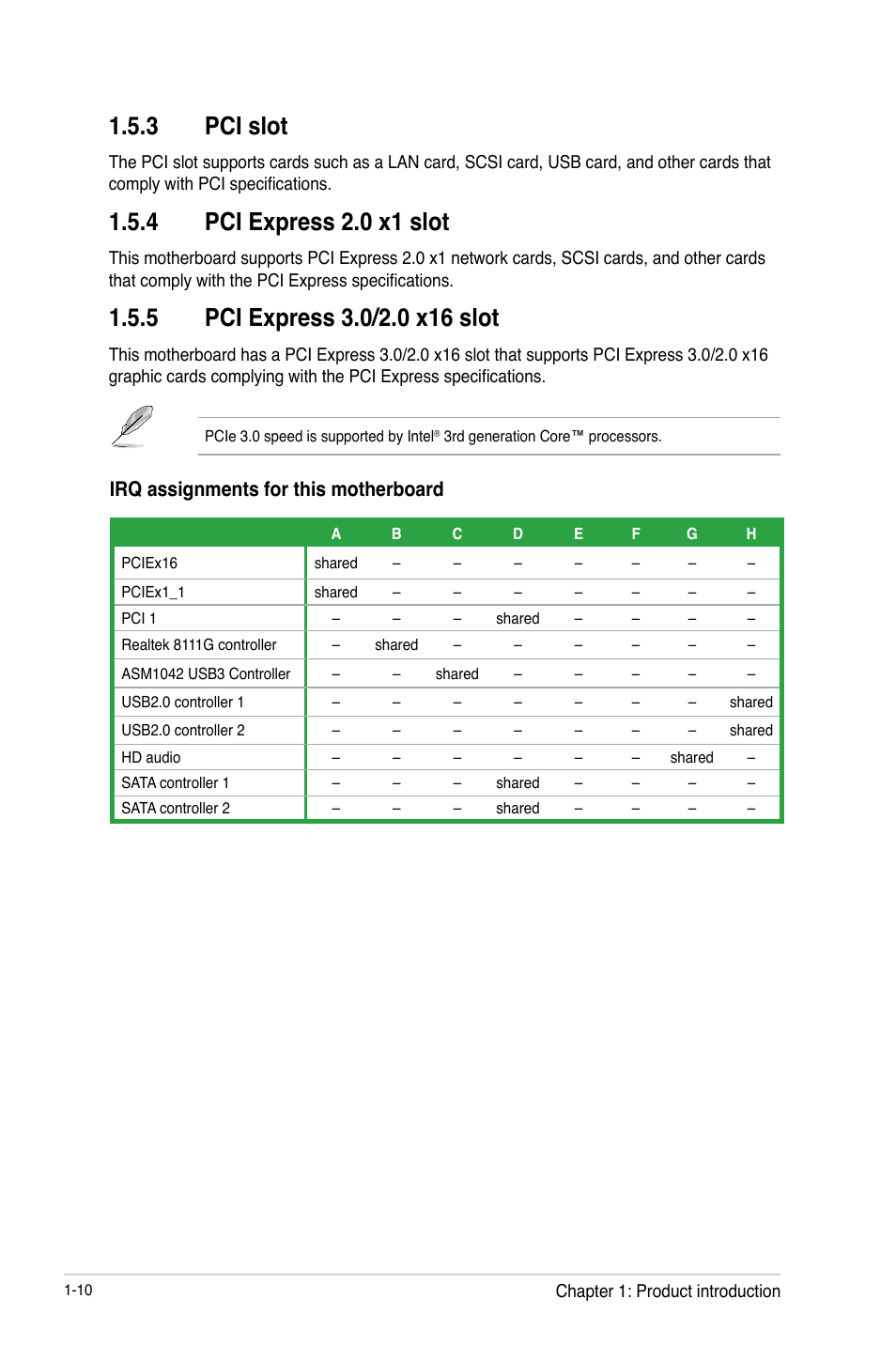 3 pci slot, 4 pci express 2.0 x1 slot, Irq assignments for this motherboard | Asus H61M-PRO User Manual | Page 18 / 64