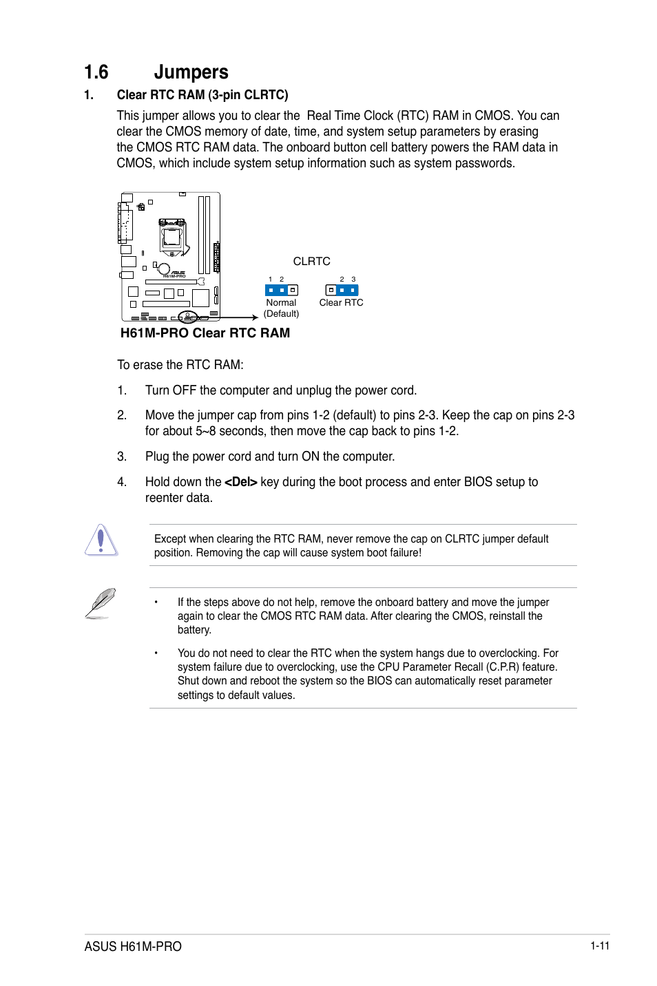 6 jumpers, Jumpers -11 | Asus H61M-PRO User Manual | Page 19 / 64