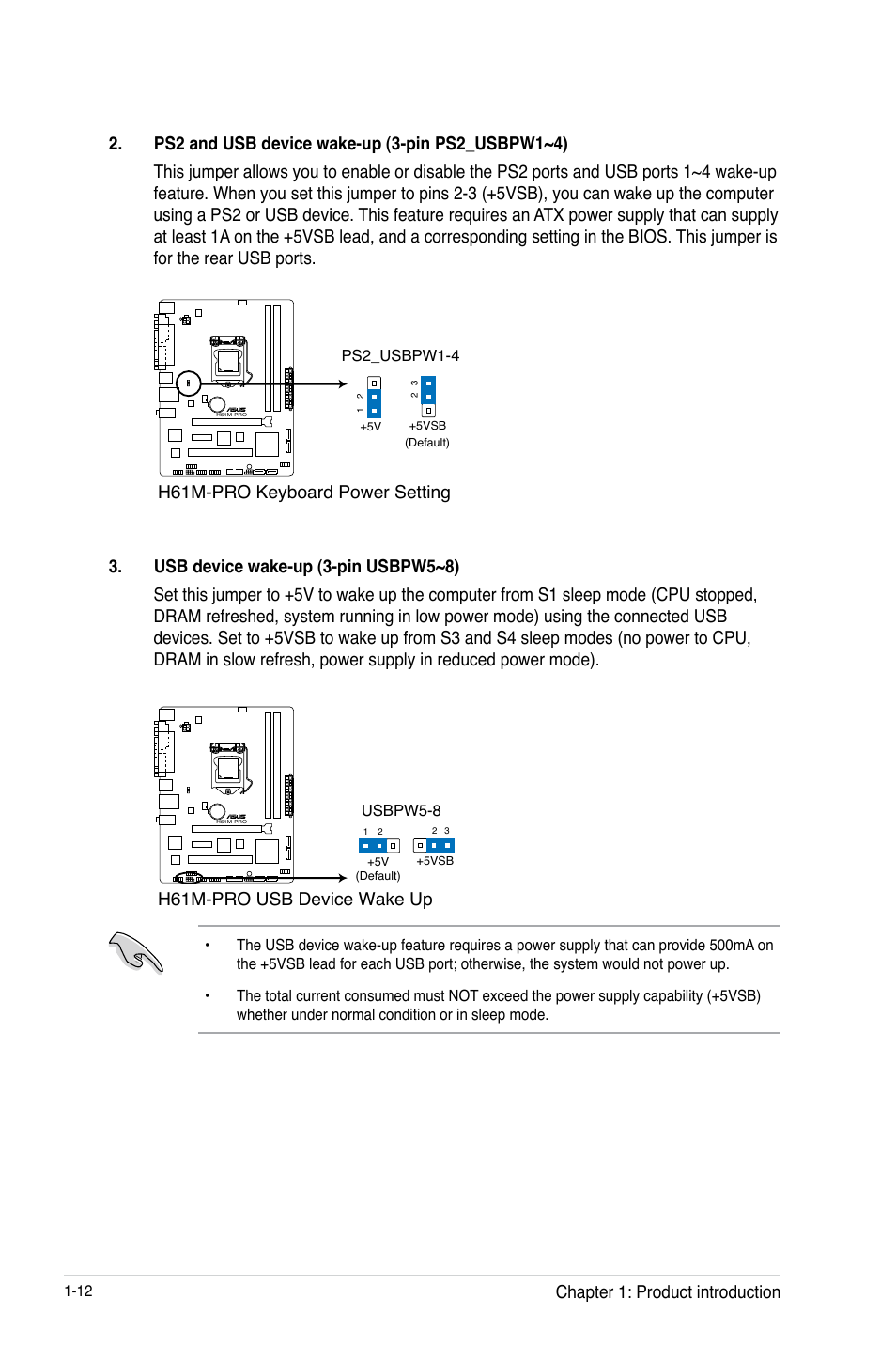 H61m-pro keyboard power setting, H61m-pro usb device wake up, Chapter 1: product introduction | Asus H61M-PRO User Manual | Page 20 / 64