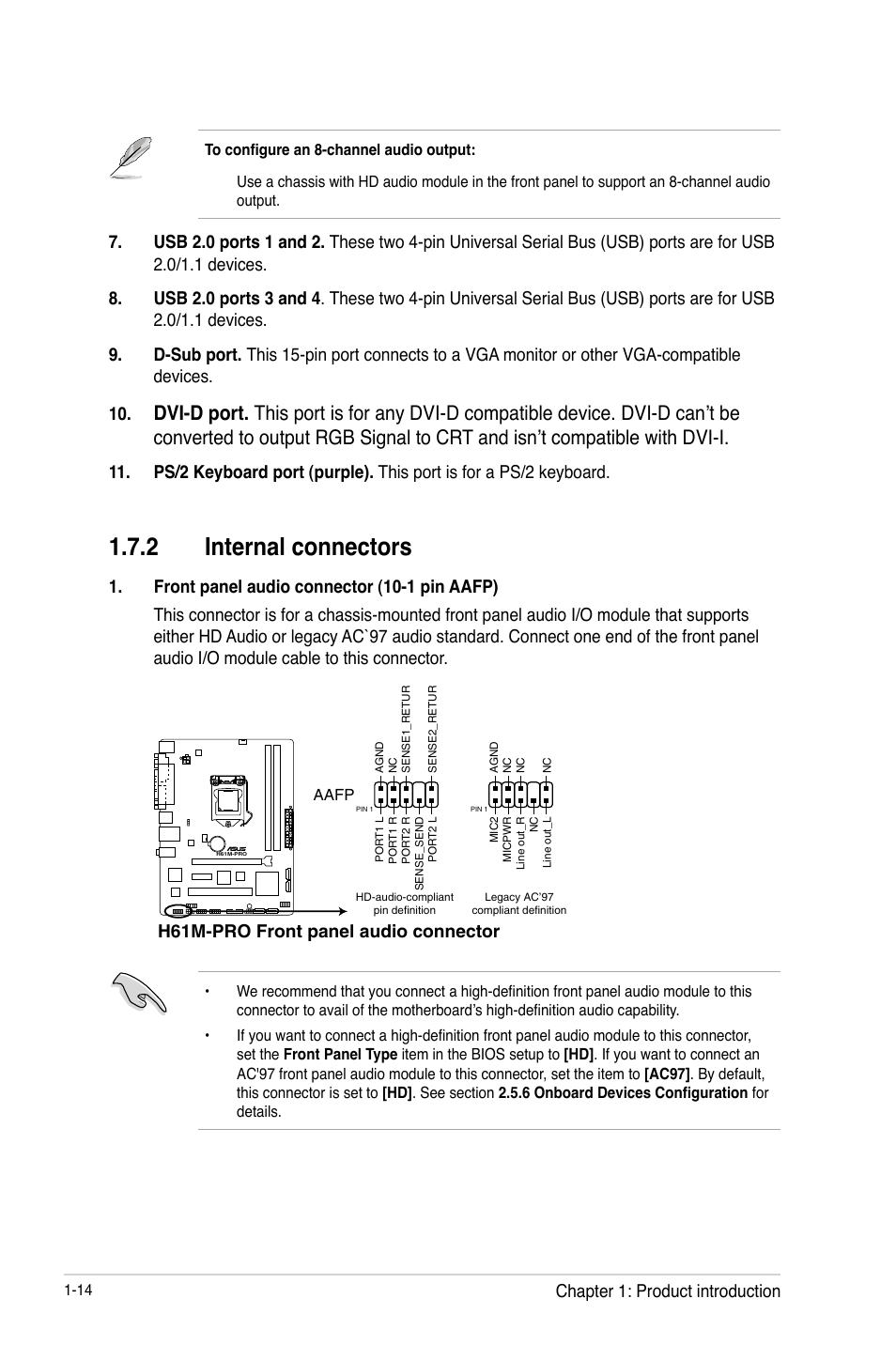 2 internal connectors, H61m-pro front panel audio connector, Chapter 1: product introduction | Asus H61M-PRO User Manual | Page 22 / 64