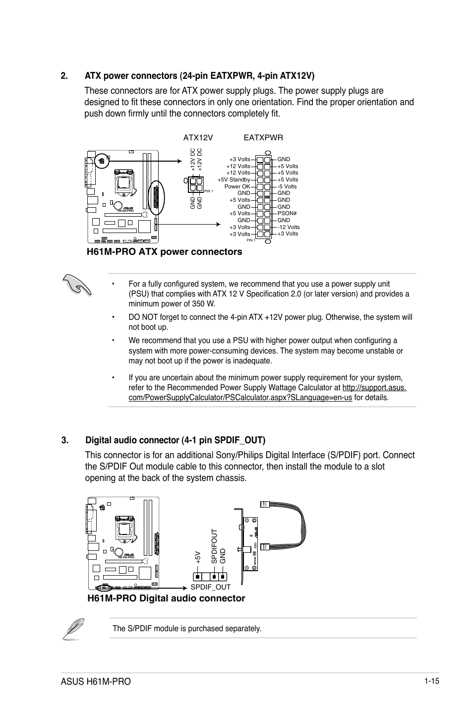 H61m-pro atx power connectors, H61m-pro digital audio connector, Asus h61m-pro | Asus H61M-PRO User Manual | Page 23 / 64