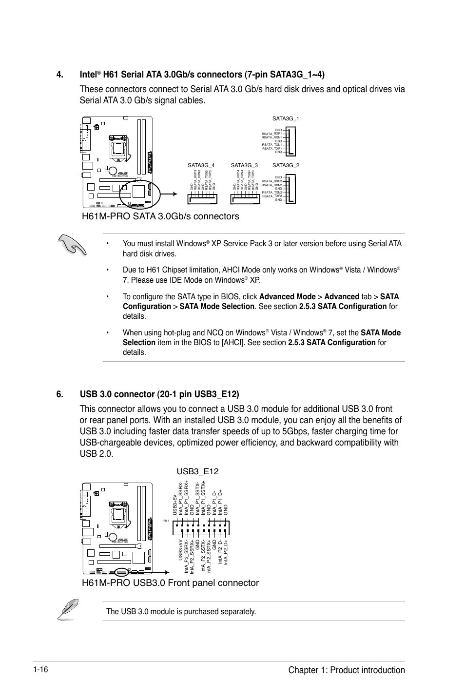 Intel, H61m-pro usb3.0 front panel connector, Chapter 1: product introduction | Usb3_e12, You must install windows, Vista / windows, Please use ide mode on windows, The usb 3.0 module is purchased separately | Asus H61M-PRO User Manual | Page 24 / 64