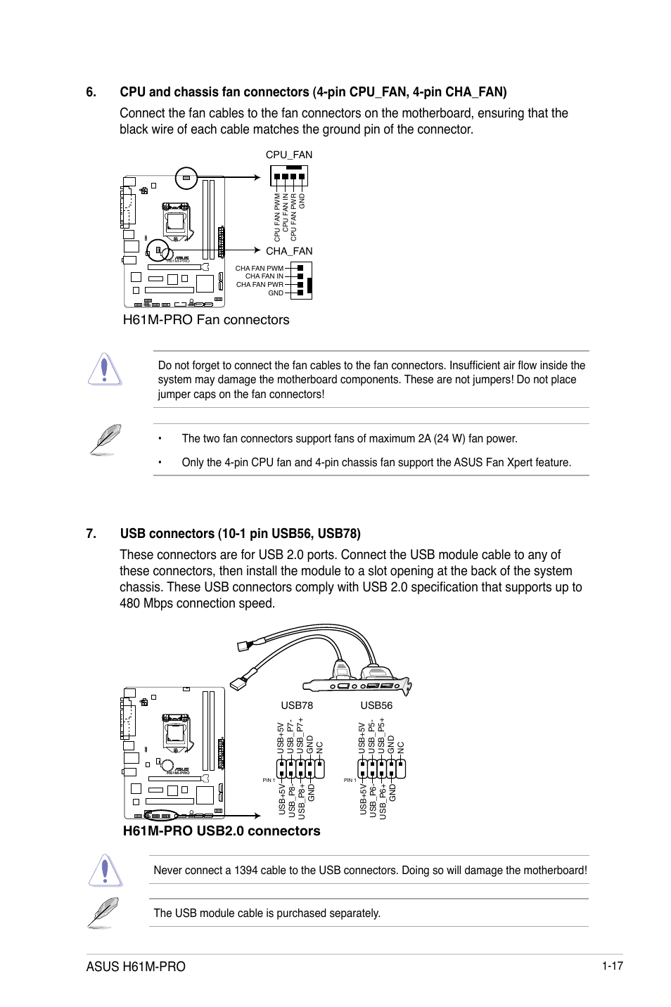 H61m-pro fan connectors, H61m-pro usb2.0 connectors, Asus h61m-pro | Asus H61M-PRO User Manual | Page 25 / 64