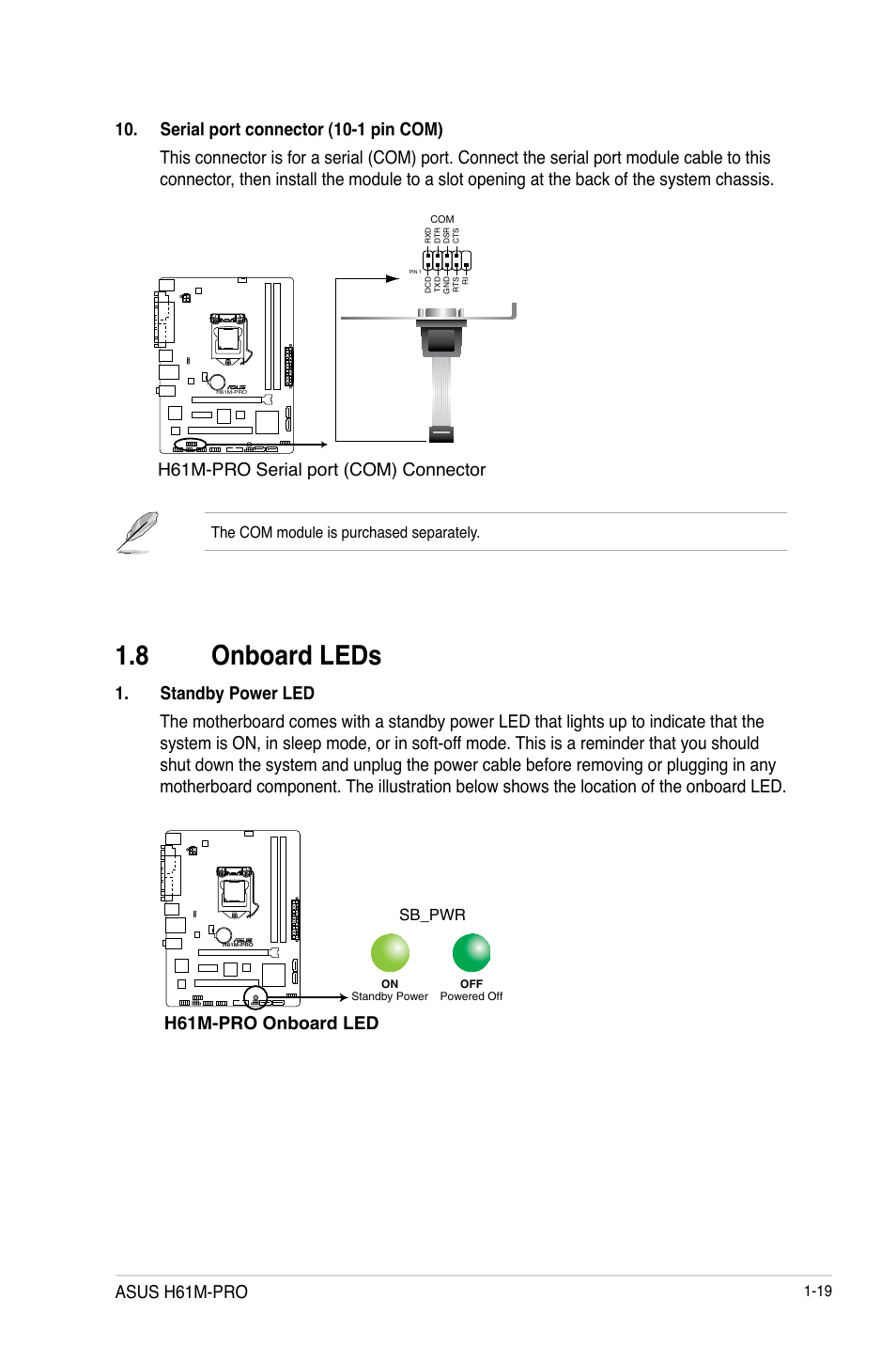 8 onboard leds, Onboard leds -19, H61m-pro serial port (com) connector | Asus h61m-pro | Asus H61M-PRO User Manual | Page 27 / 64