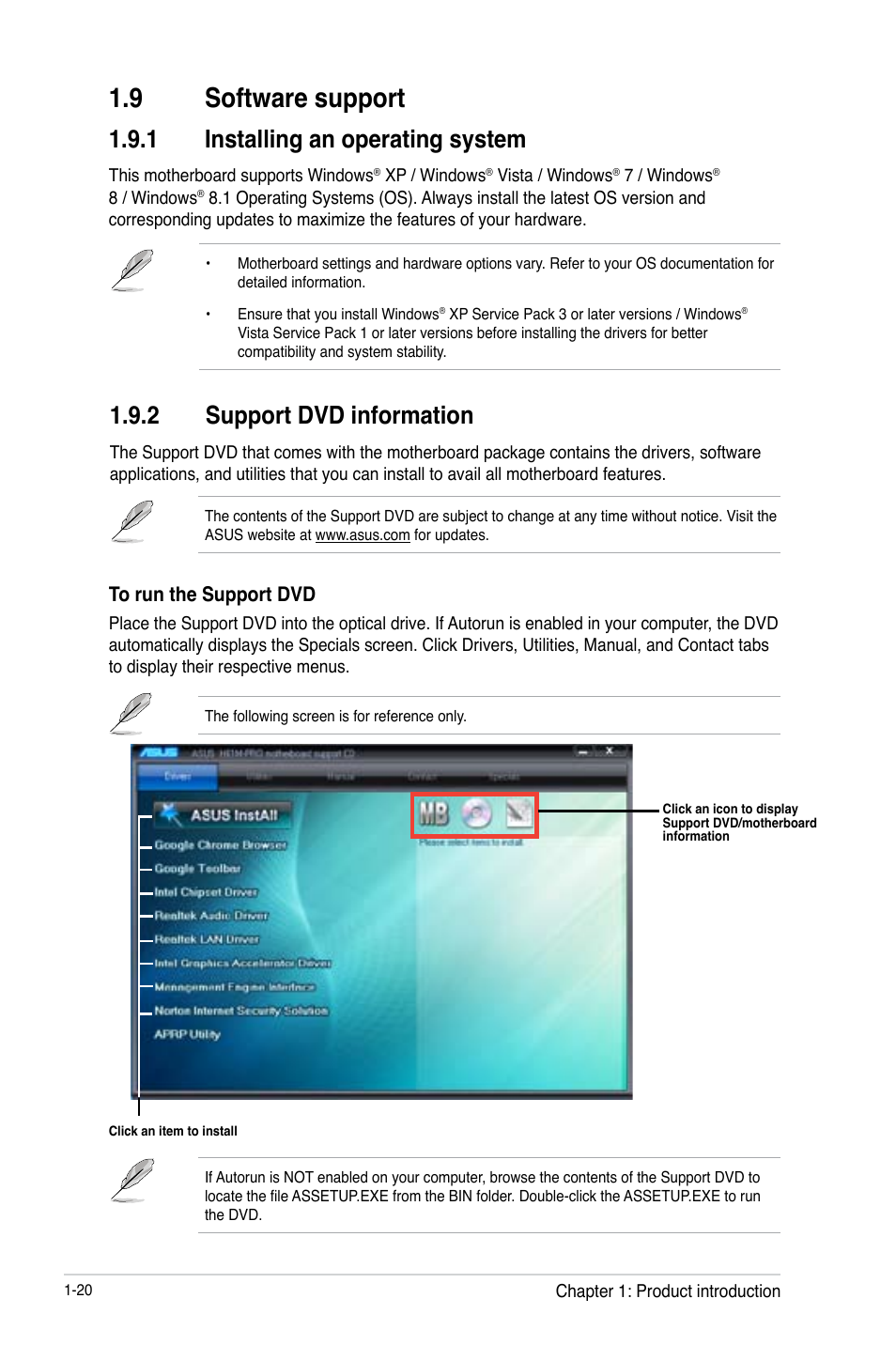 9 software support, Software support -20, 1 installing an operating system | 2 support dvd information | Asus H61M-PRO User Manual | Page 28 / 64