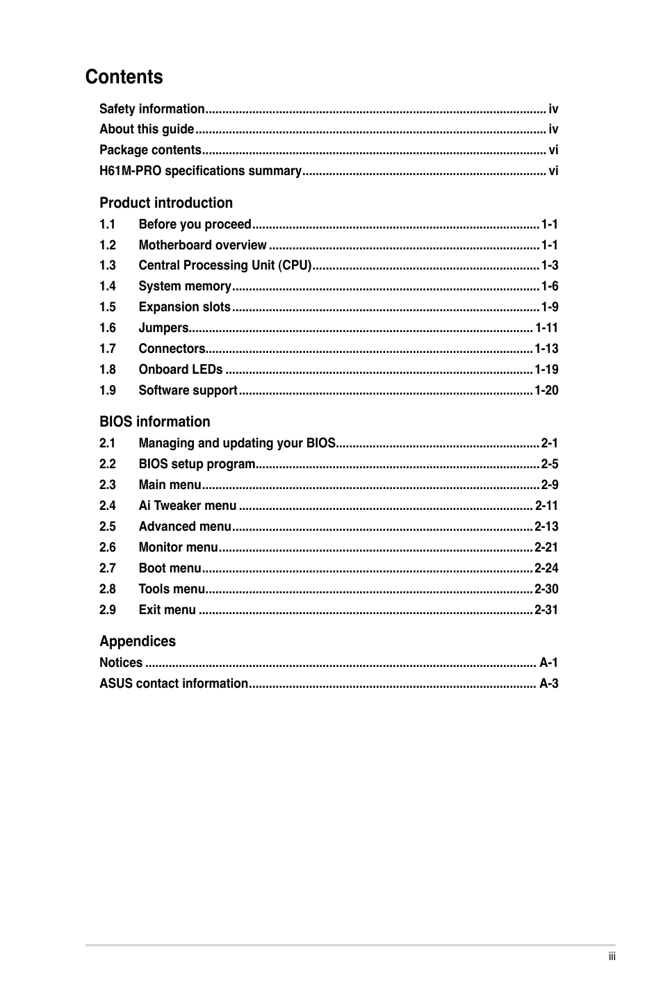 Asus H61M-PRO User Manual | Page 3 / 64