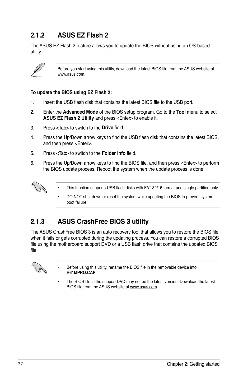 2 asus ez flash 2, 3 asus crashfree bios 3 utility | Asus H61M-PRO User Manual | Page 30 / 64