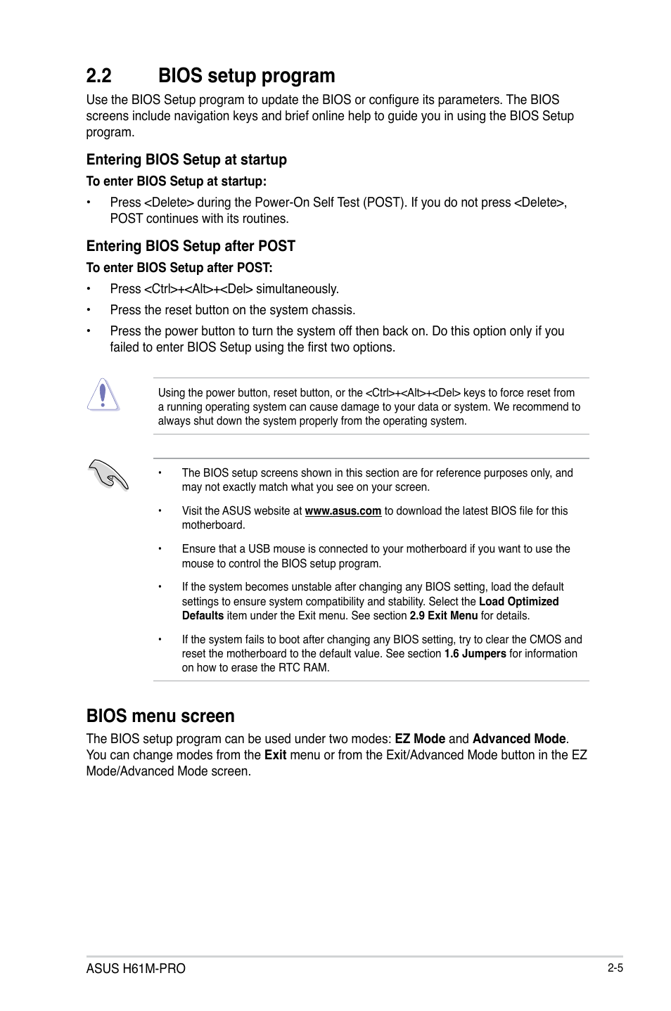 2 bios setup program, Bios setup program -5, Bios menu screen | Asus H61M-PRO User Manual | Page 33 / 64