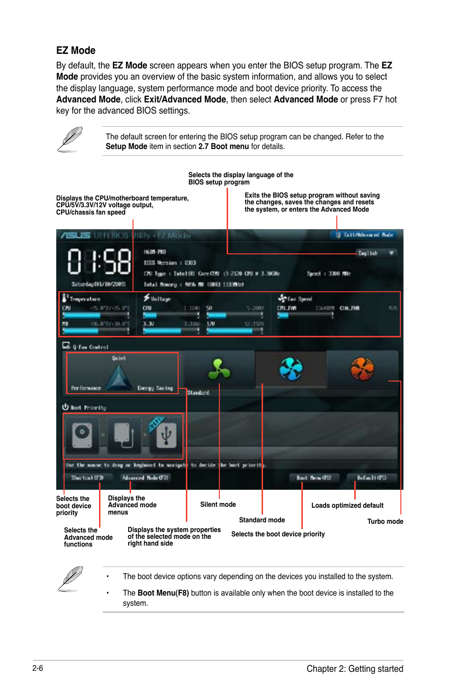 Ez mode, Chapter 2: getting started | Asus H61M-PRO User Manual | Page 34 / 64