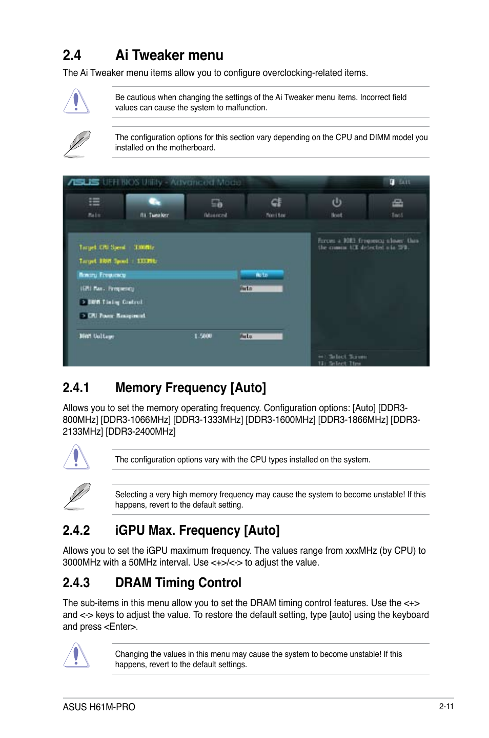 4 ai tweaker menu, Ai tweaker menu -11, 2 igpu max. frequency [auto | 3 dram timing control | Asus H61M-PRO User Manual | Page 39 / 64
