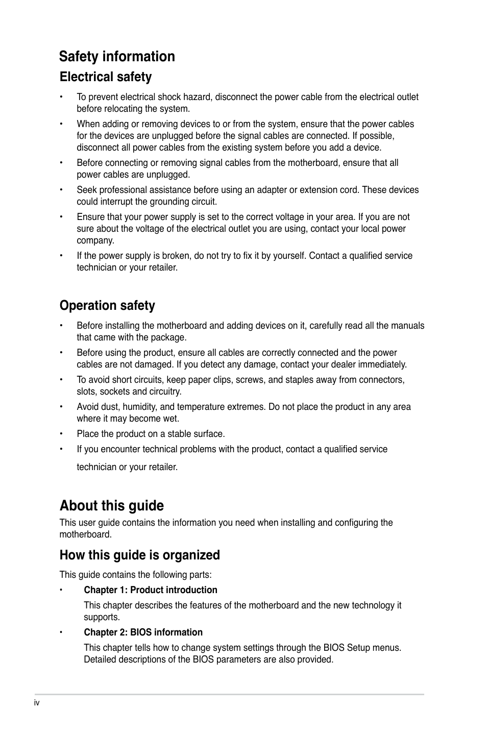 Safety information, About this guide, Electrical safety | Operation safety, How this guide is organized | Asus H61M-PRO User Manual | Page 4 / 64