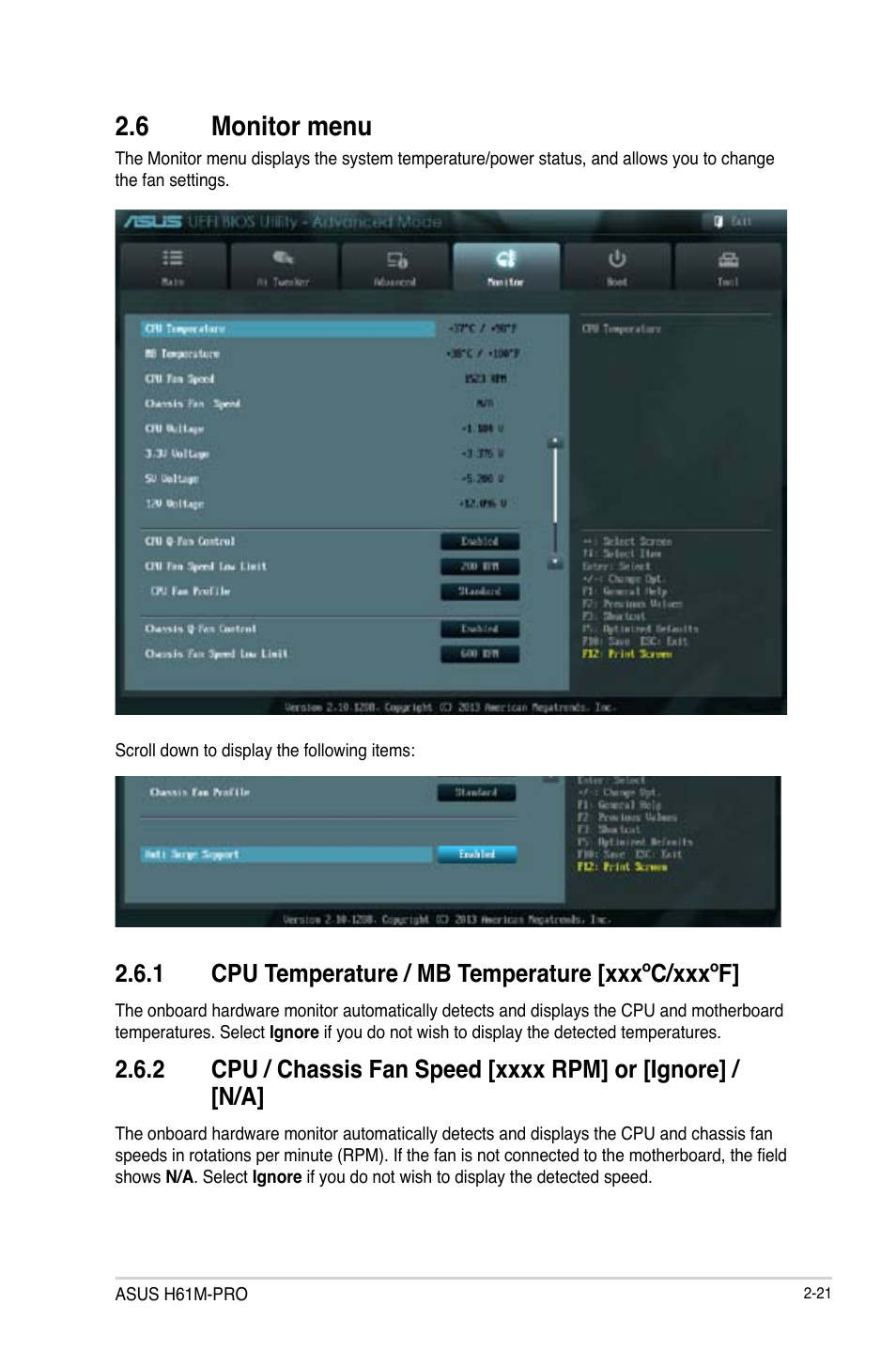 6 monitor menu, Monitor menu -21, 1 cpu temperature / mb temperature [xxxºc/xxxºf | Asus H61M-PRO User Manual | Page 49 / 64