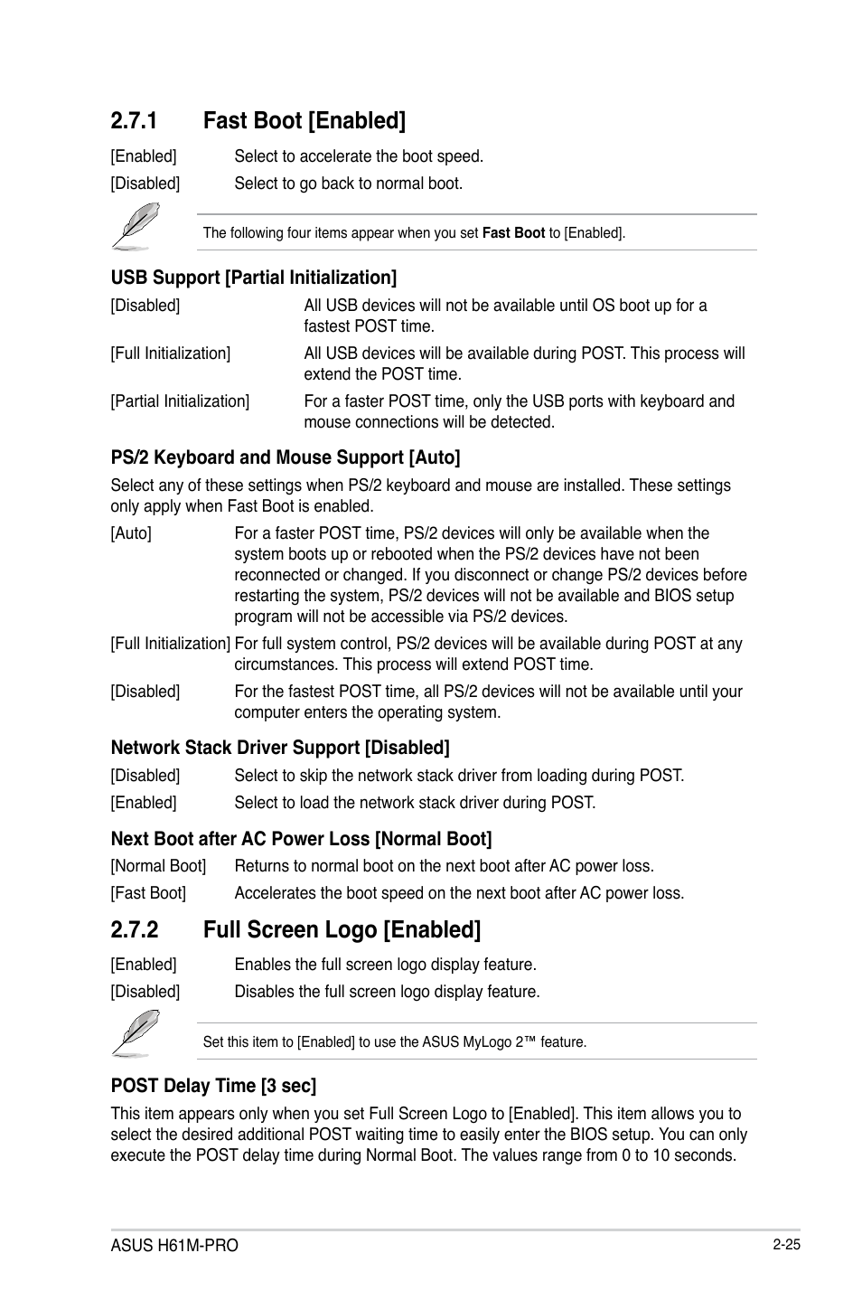 1 fast boot [enabled, 2 full screen logo [enabled | Asus H61M-PRO User Manual | Page 53 / 64