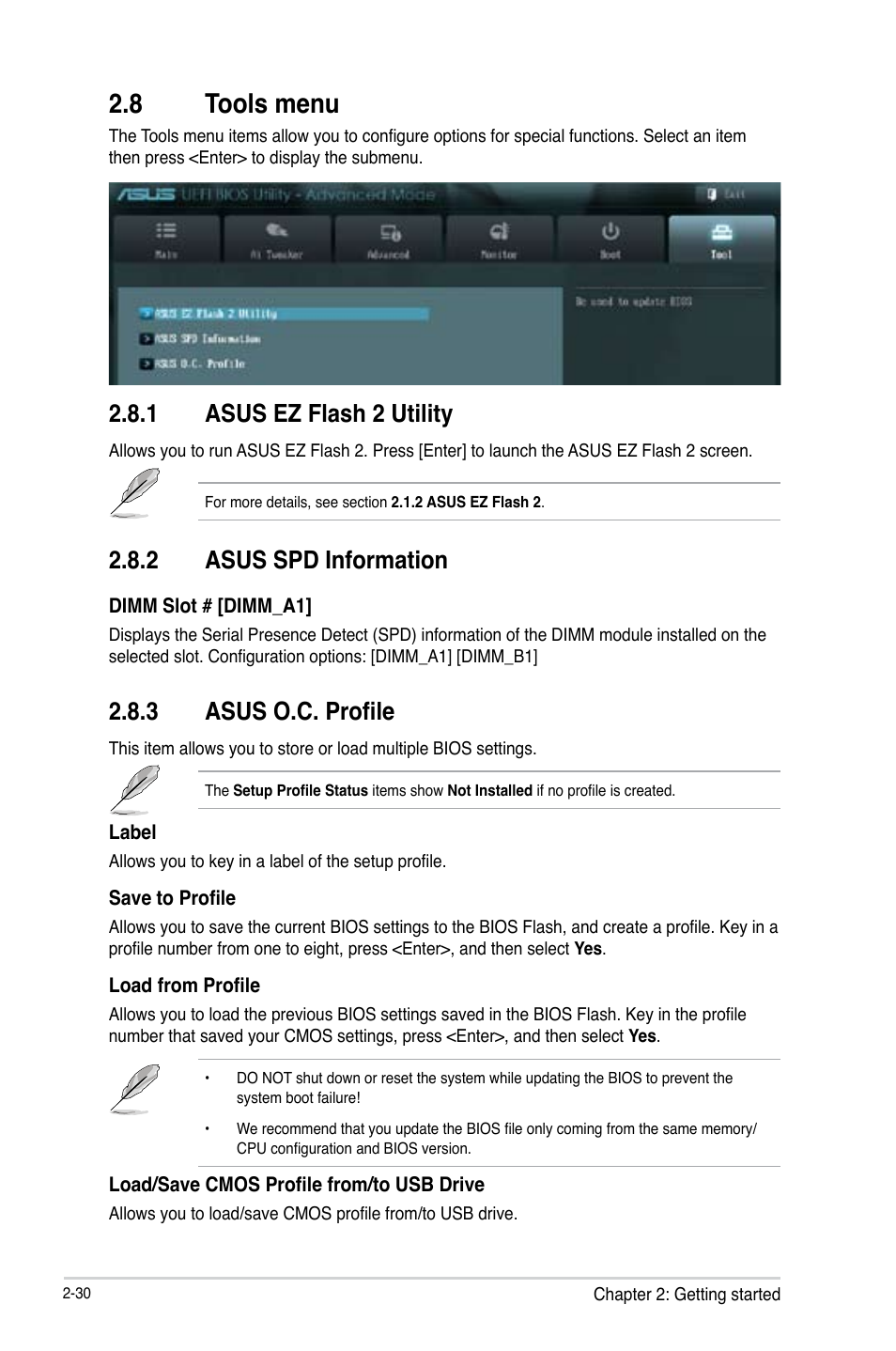 8 tools menu, Tools menu -30, 1 asus ez flash 2 utility | 3 asus o.c. profile, 2 asus spd information | Asus H61M-PRO User Manual | Page 58 / 64