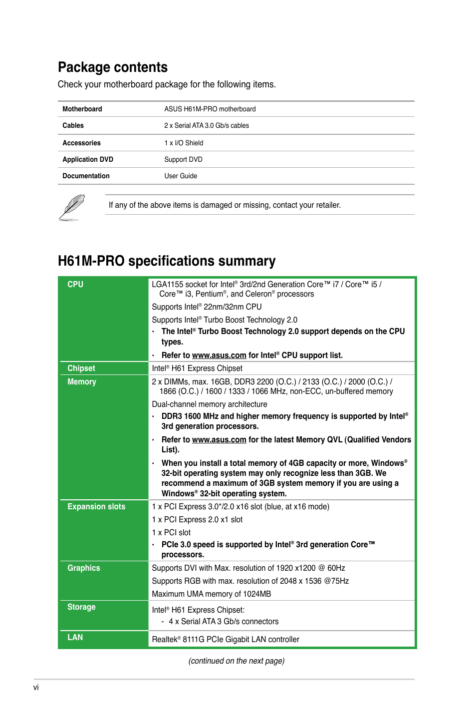 Package contents, H61m-pro specifications summary | Asus H61M-PRO User Manual | Page 6 / 64