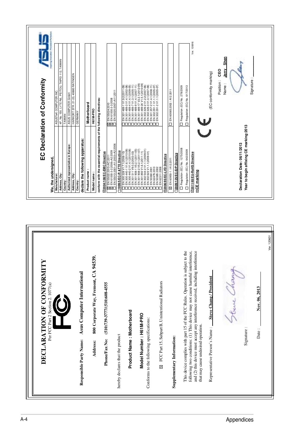Appendices, A d d re ss : 800 c or p or at e w ay, f re m on t | Asus H61M-PRO User Manual | Page 64 / 64
