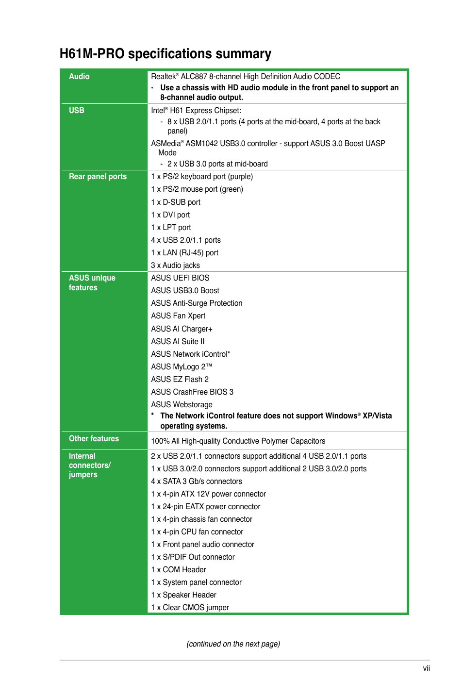H61m-pro specifications summary | Asus H61M-PRO User Manual | Page 7 / 64