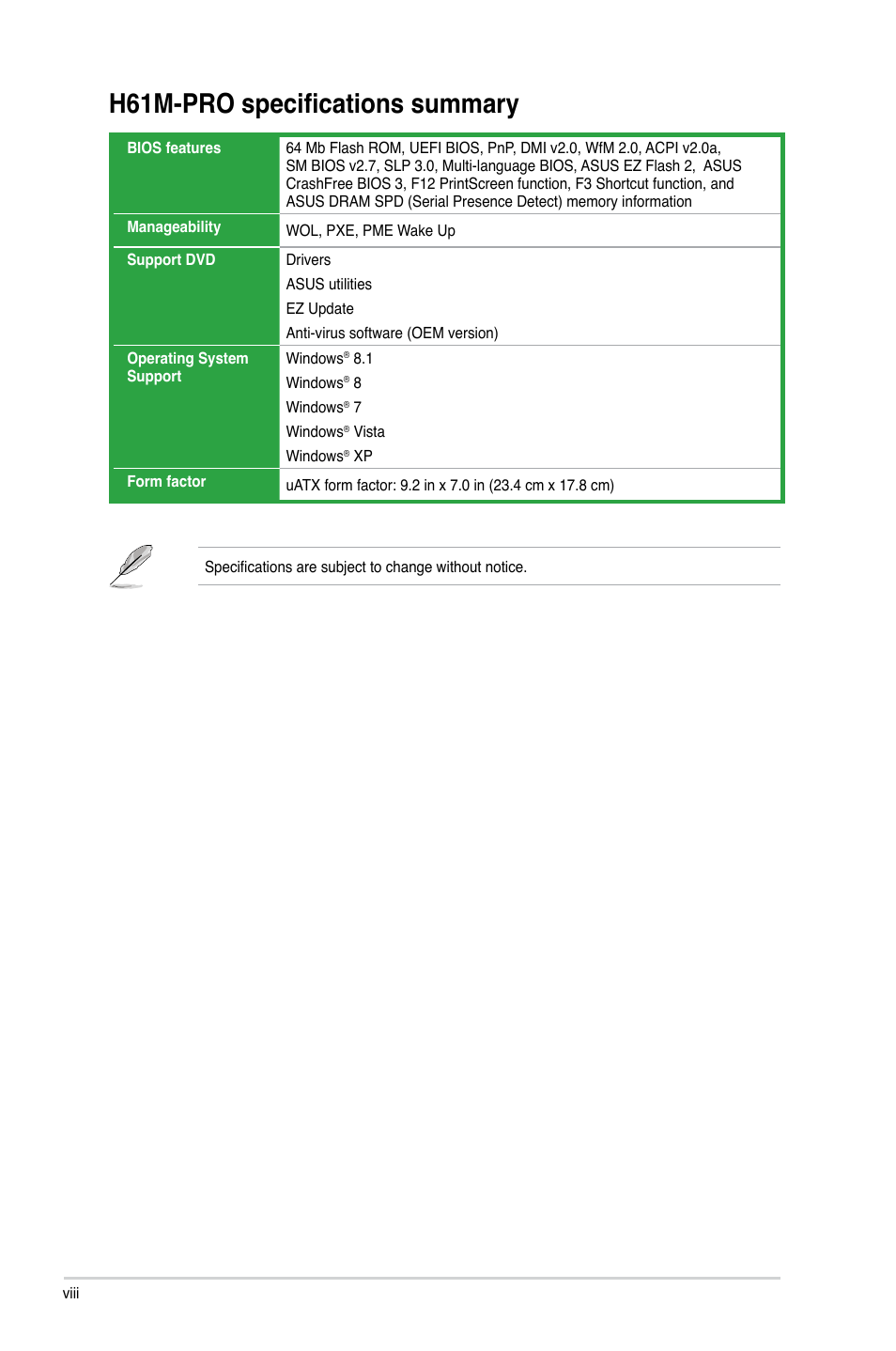 H61m-pro specifications summary | Asus H61M-PRO User Manual | Page 8 / 64