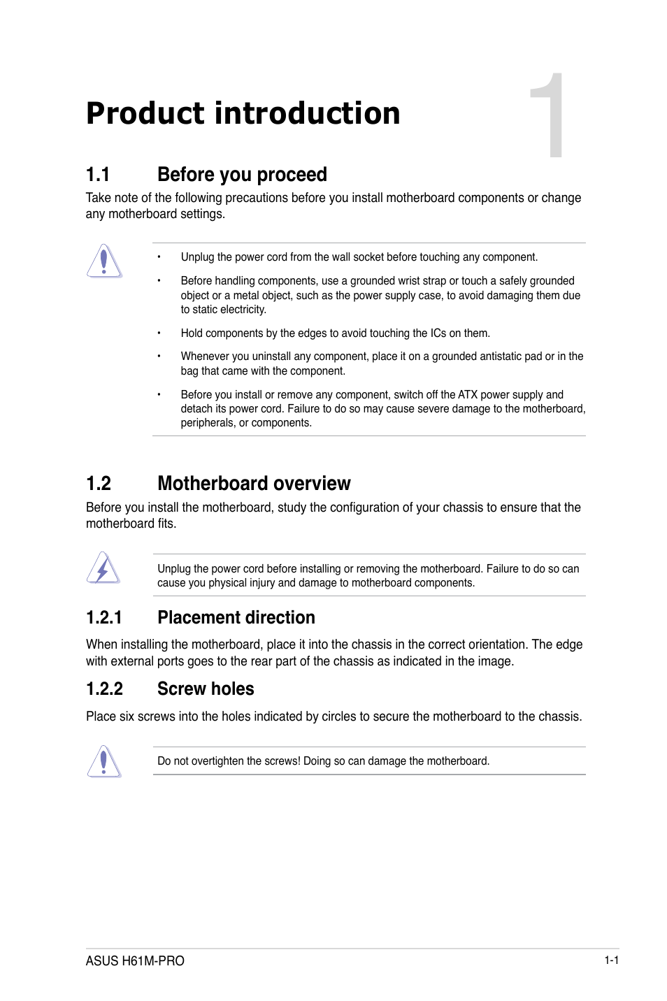 Product introduction, 1 before you proceed, 2 motherboard overview | Before you proceed -1, Motherboard overview -1 | Asus H61M-PRO User Manual | Page 9 / 64