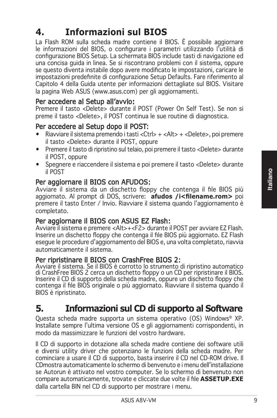 Informazioni sul bios, Informazioni sul cd di supporto al software | Asus A8V-VM User Manual | Page 10 / 38