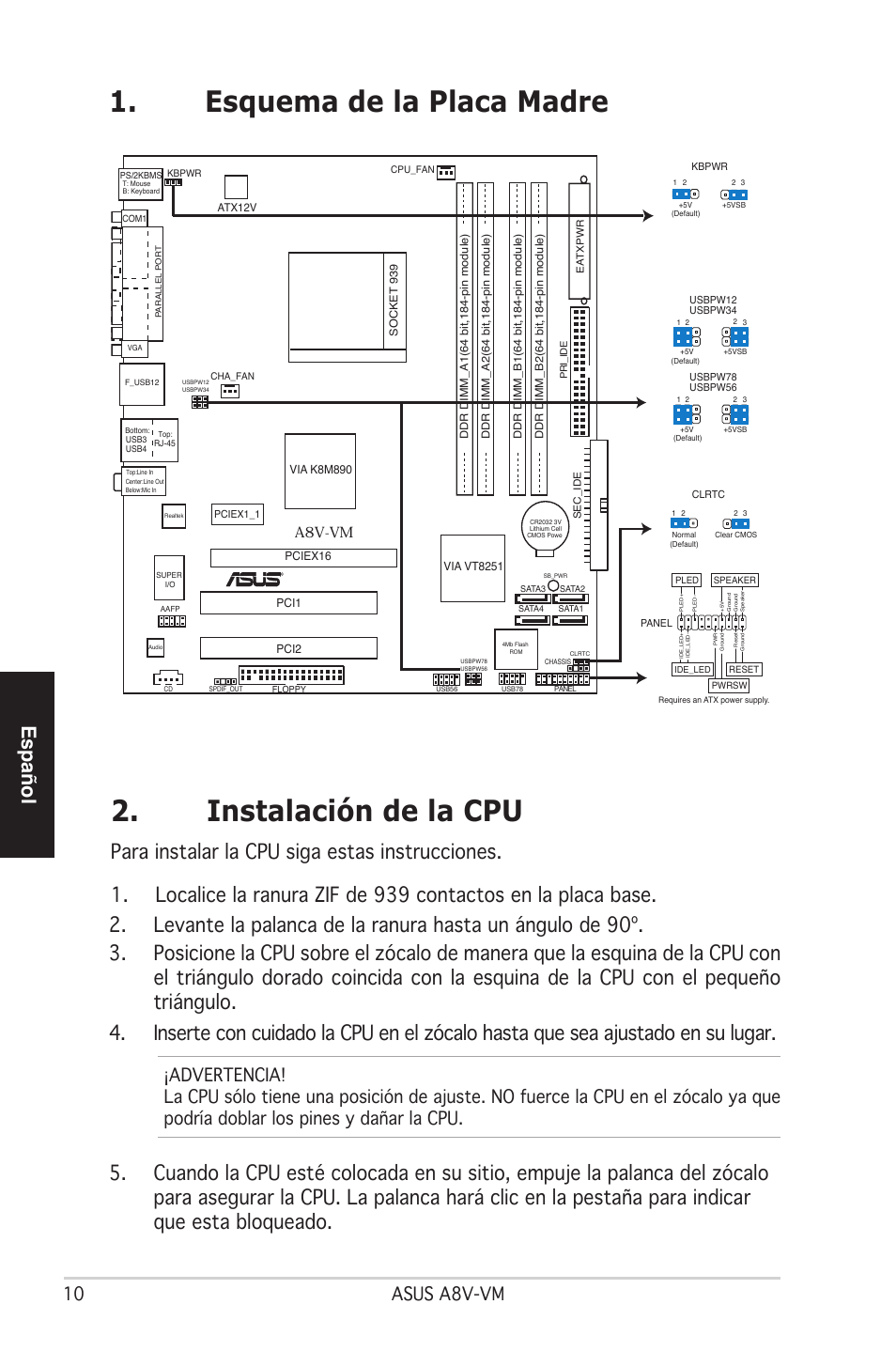 Instalación de la cpu, Esquema de la placa madre, Español | 10 asus a8v-vm, A8v-vm | Asus A8V-VM User Manual | Page 11 / 38