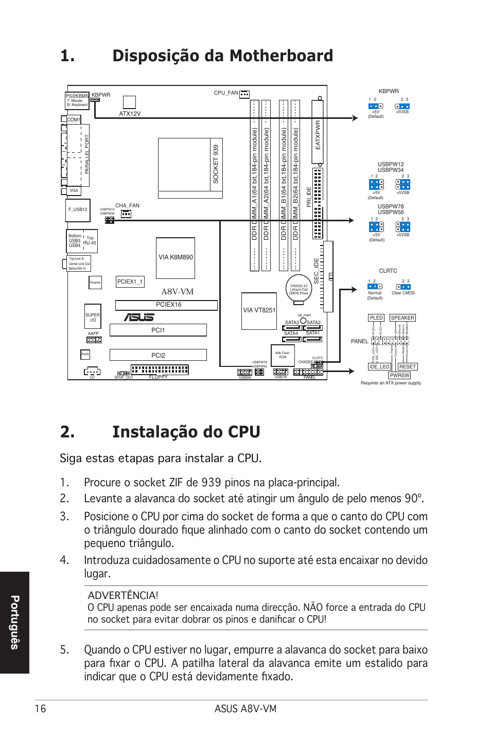 Instalação do cpu, Disposição da motherboard, Português | 16 asus a8v-vm, A8v-vm | Asus A8V-VM User Manual | Page 17 / 38