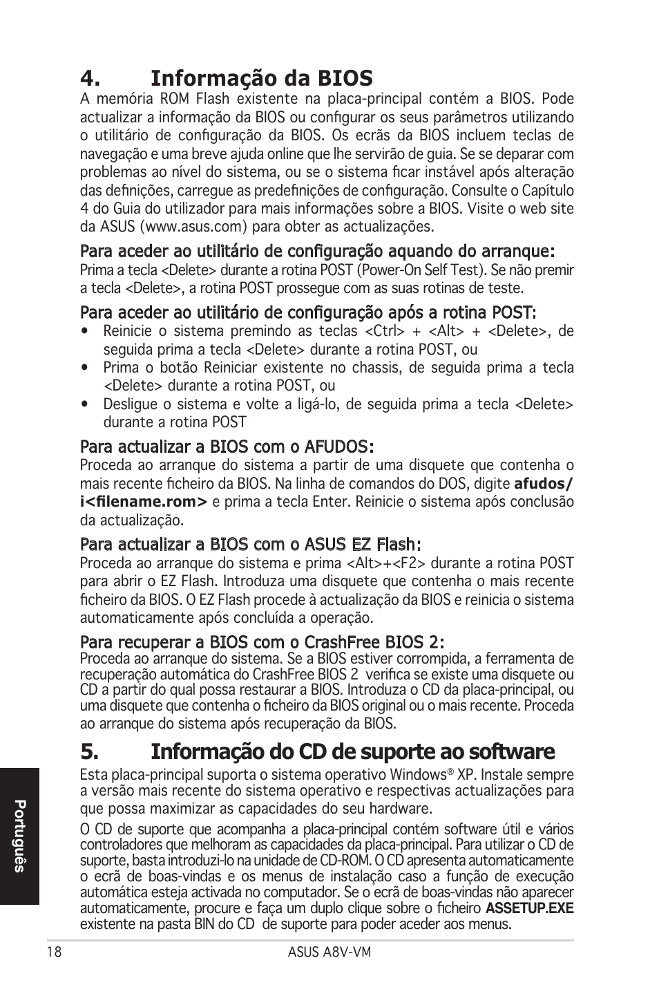 Informação da bios, Informação do cd de suporte ao software | Asus A8V-VM User Manual | Page 19 / 38