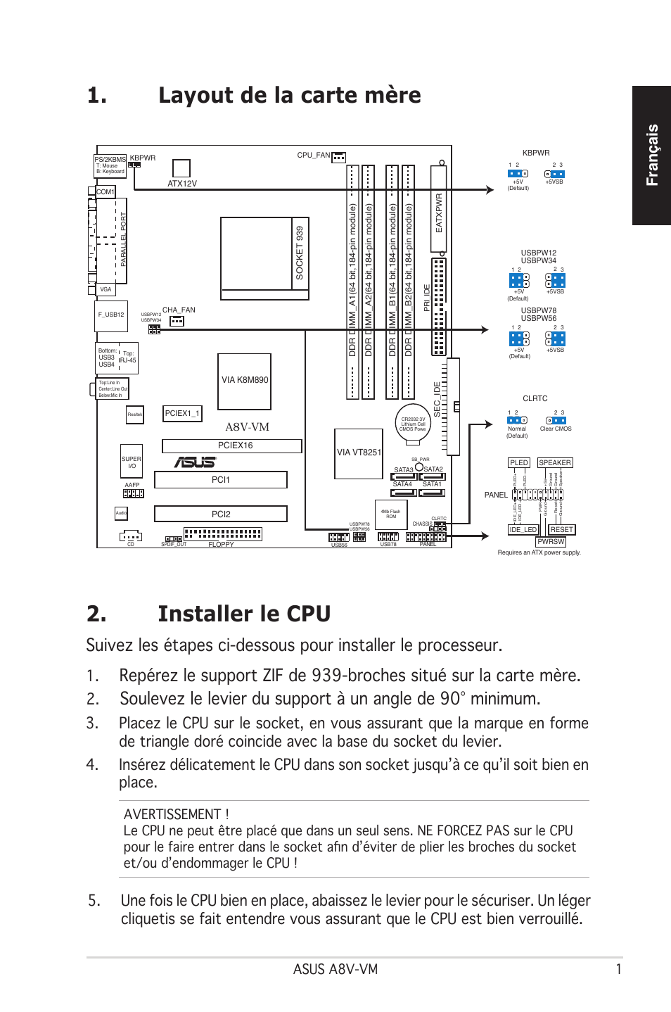 Installer le cpu, Layout de la carte mère, Français | Asus a8v-vm, A8v-vm | Asus A8V-VM User Manual | Page 2 / 38