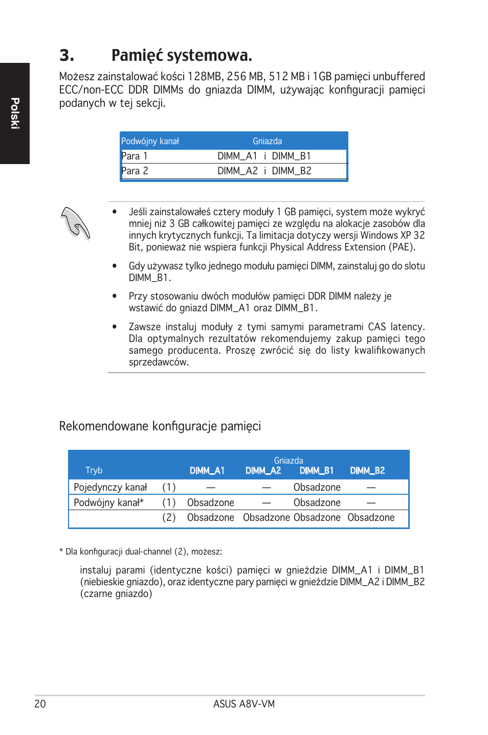 Pamięć systemowa, Rekomendowane konfiguracje pamięci | Asus A8V-VM User Manual | Page 21 / 38