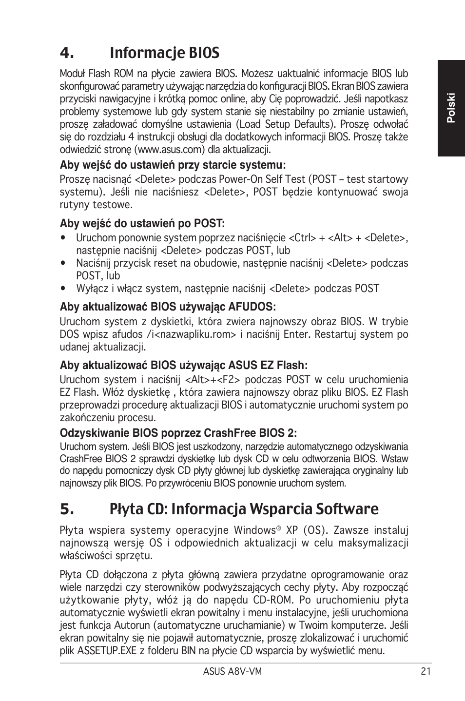 Informacje bios, Płyta cd: informacja wsparcia software | Asus A8V-VM User Manual | Page 22 / 38